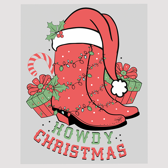 Red Cowboy Boot Christmas DTF Transfer - Howdy Christmas Design