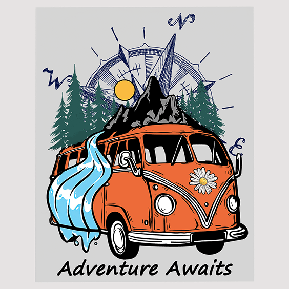 Vintage Camper with Mountain Landscape DTF Transfer Print