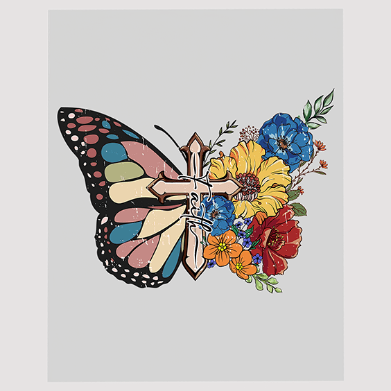 Butterfly Cross Fusion DTF Transfer – Symbolic Christian Art
