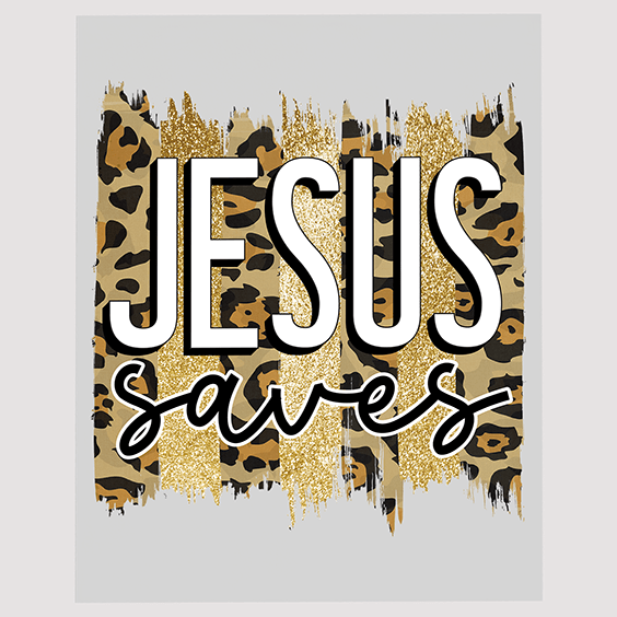 Jesus Saves Christian DTF Transfer – Gold & Leopard Print Inspired