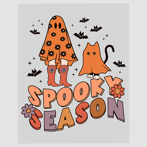Spooky Season Ghost and Cat DTF Transfer - Halloween Fashion Duo Decal