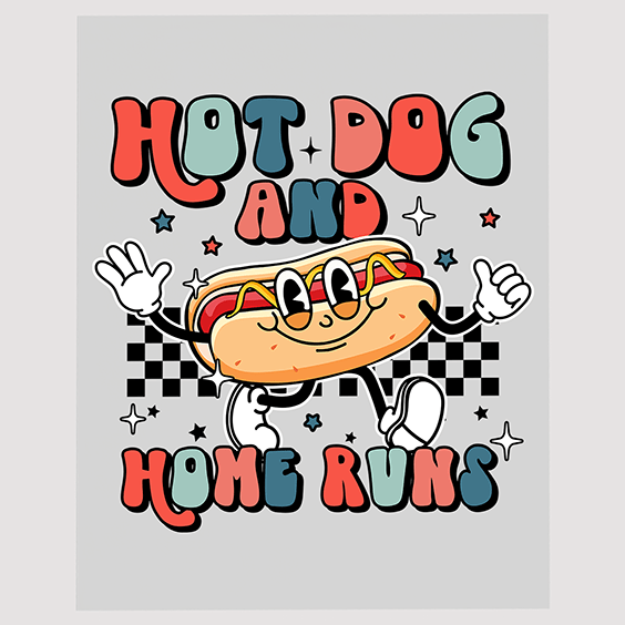 Fun Hot Dog and Home Runs Baseball Ready to Press DTF Transfer