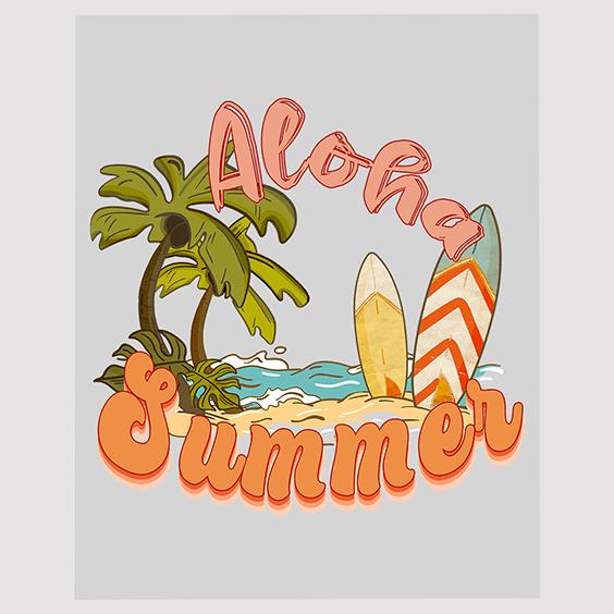 Aloha Spirit Surfboard and Palm Ready to Press DTF Transfer