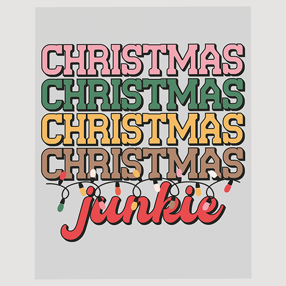 Multicolored Christmas Junkie DTF Transfer