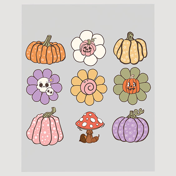 Festive Pumpkin and Floral Motif DTF Transfer Set