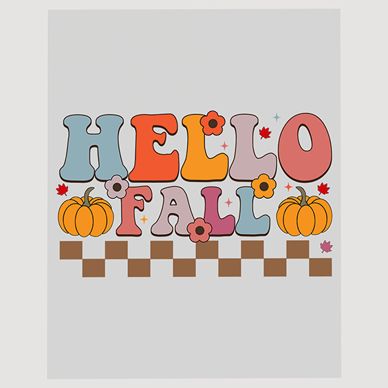 Playful Hello Fall DTF Transfer - Pumpkin and Checkerboard Design