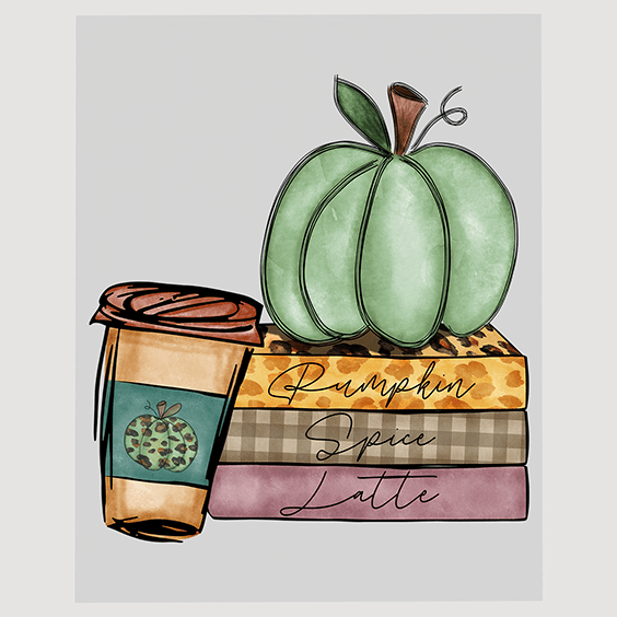 Green Pumpkin on Books with Coffee Cup DTF Transfer