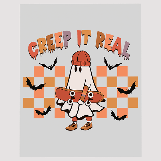 Skateboarding Ghost 'Creep It Real' DTF Transfer - Halloween Skater Applique