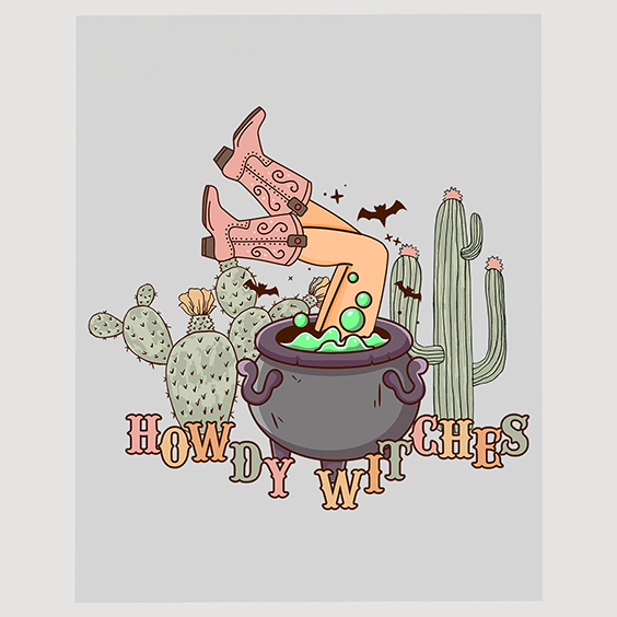 Howdy Witches Cowboy Boot Cauldron DTF Transfer | Halloween Western Witchy Scene