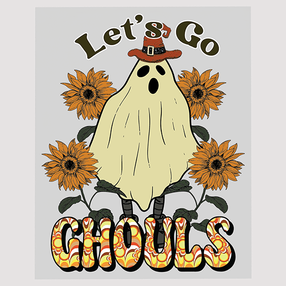 Let's Go Ghouls Halloween DTF Transfer | Spooky Sunflowers and Ghost Design
